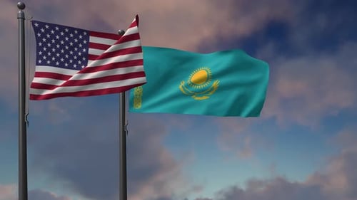 United States and Kazakhstan Flags Waving Smoothly