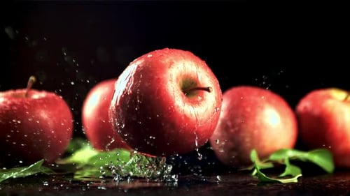 Une pomme rouge fraîche tombe sur une table avec des éclaboussures d'eau