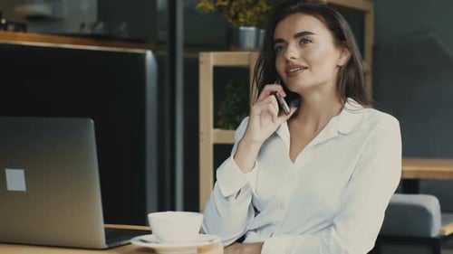 Charming Woman Freelancer in Cafe with Laptop Talking on Phone and Smiling