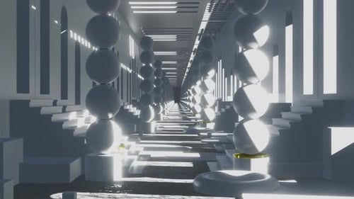 Abstract Geometric Corridor Flythrough with Spheres and Bright Light