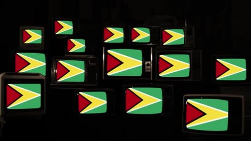 Old Televisions Displaying Glitching Images and Guyana Flag