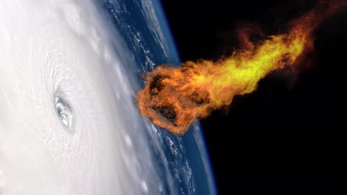 Flaming Meteorite Asteroid Entering Earth's Atmosphere Near Hurricane