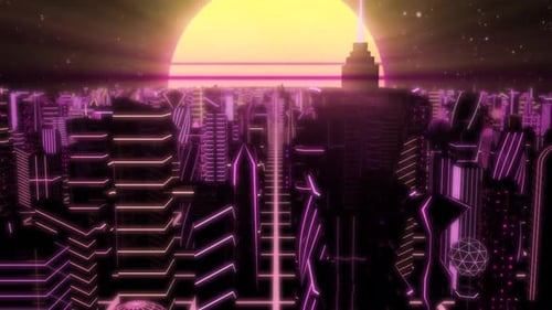 Survolez Neon City Outrun Synthwave Buildings avec Retro Sun des années 80 - 4K