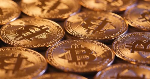 Close Up of Golden Bitcoin Cryptocurrency Coins