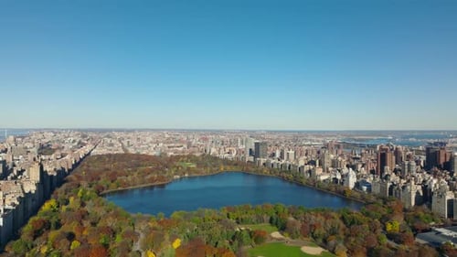 Aerial Panoramic View of City and Central Park with Jacqueline Kennedy Onassis Reservoir Surrounded