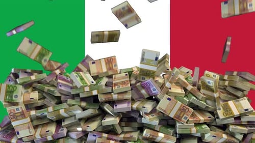 Falling Euro Banknotes Animation on Italian Flag Background