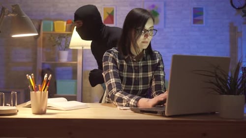 Woman Working on Laptop, Masked Thief Appears