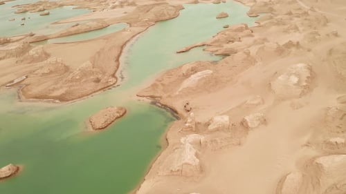 Aerial View of Desert Lakes and Rock Formations