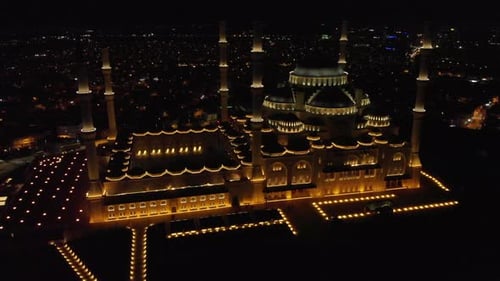 4k Night Aerial view of Camlica the biggest Mosque in Turkey Istanbul 4