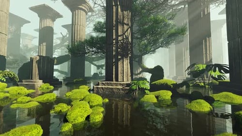 Temple en ruine inondé d'eau