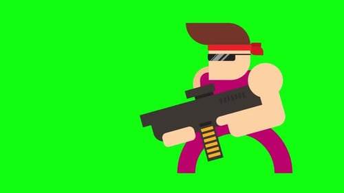 Animated Flat Design Soldier Character Shooting Rifle