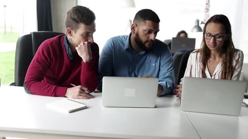 Team Works Together at Office Table With Laptops