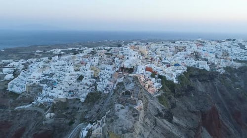 Aerial View Flying Over City of Oia on Santorini Greece