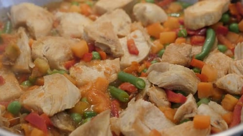 Chicken and Vegetables Sizzling in a Pan