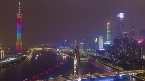 Liede Bridge and Guangzhou Cityscape at Night. Aerial View