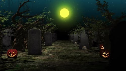 Seamless Loop of Spooky Halloween Graveyard with Full Moon
