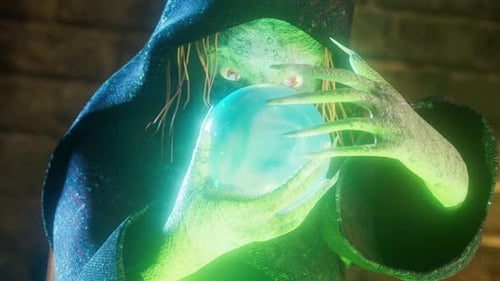 Halloween Witch Casting Spell with Magic Cauldron and Crystal Ball