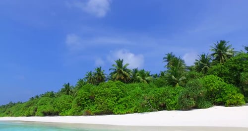Daytime drone island view of a white sandy paradise beach and blue water background in vibrant 4K
