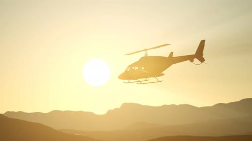 Realistic Helicopter Flying Over Mountains During Golden Sunset
