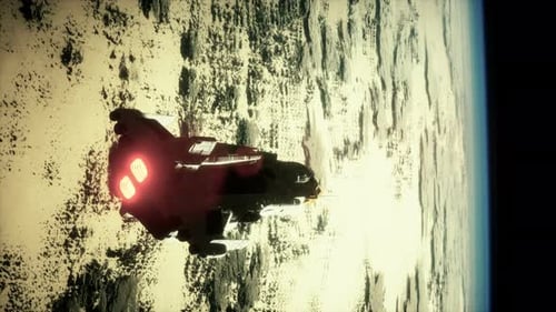 Sci-Fi Spaceship Flying Above Alien Planet Surface