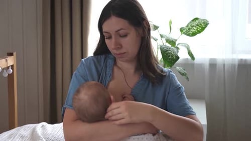 Woman Breastfeeding Baby in Sunny Home Interior