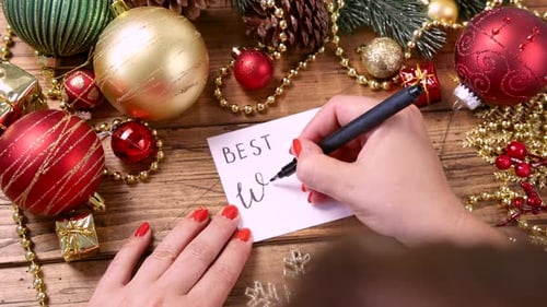 Writing Best Wishes on Christmas Greeting Card