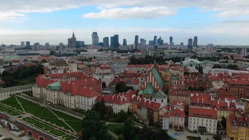 Flying over Warsaw Old Town, capital of Poland, Europe