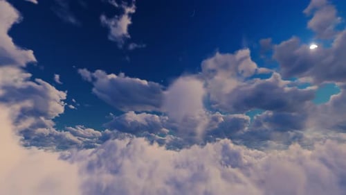 Dynamic Flight Through Fluffy Clouds with Sunlight and Lens Flare