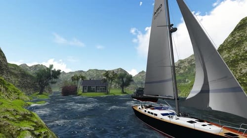 Animated 3D Boats Sailing Tropical Islands with House and Mountains