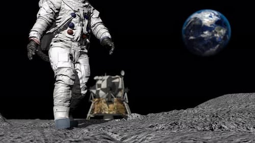 Astronaut Walking on Moon Surface with Earth in 3D Animation