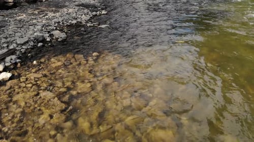 Río poco profundo de montaña con agua clara y piedras