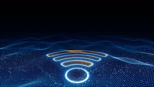 Blue glowing particle wave with orange WIFI logo futuristic technology background seamless loop