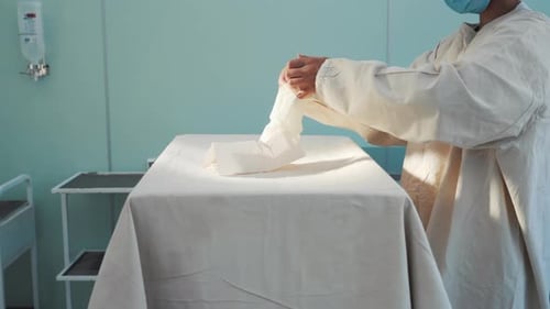 Medical Professional Gowns and Gloves Up in Hospital