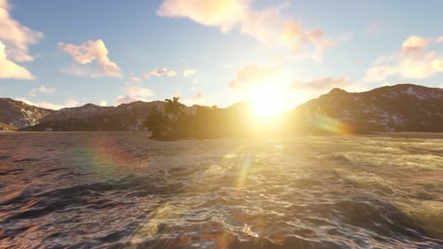 Golden Sunrise Over Wavy Ocean and Distant Mountains