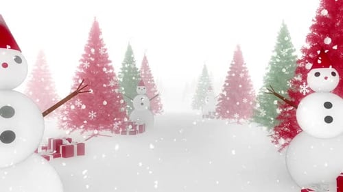 Festive Christmas Snow Scene with Animated Trees and Snowmen