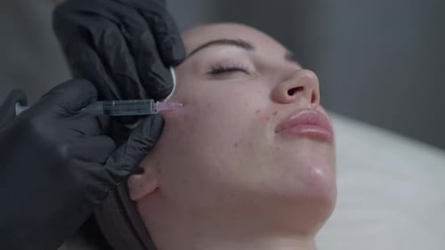 Closeup Botox Injection in Face of Young Slim Beautiful Caucasian Woman in Spa Salon