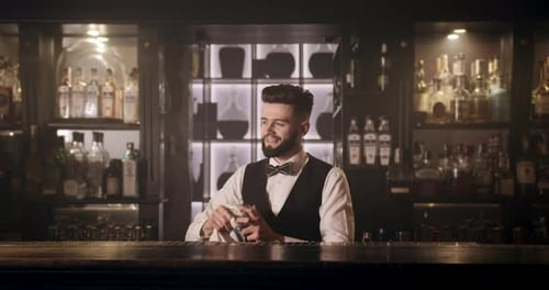 Bartender Polishing Glass Behind Bar in Dark Setting