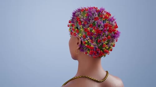 La cabeza de una mujer con flores que le salen del pelo