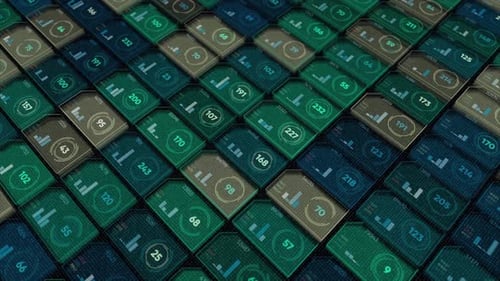 Abstract background of numbers in cells flowing slowly on black background