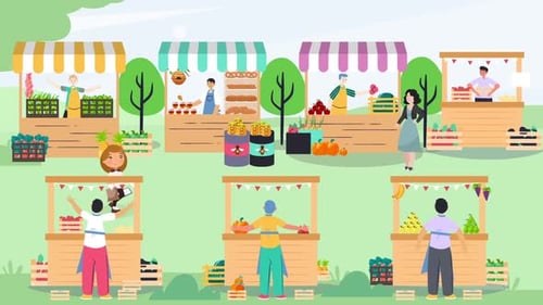 Animated Flat Design Farmers Market with Vendors and Shoppers