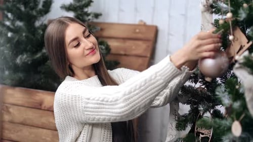 Woman Decorating Christmas Tree with Silver Ornament