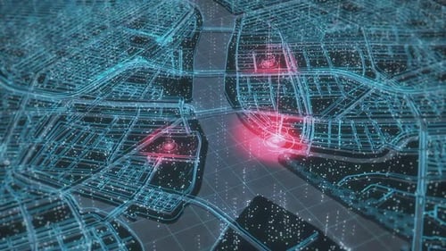 Futuristic Digital City Map with Network Data Flow