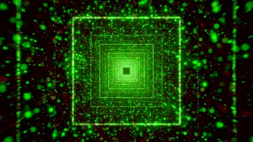 Abstrait avec vol dans le tunnel numérique de la boucle transparente de particules scintillantes