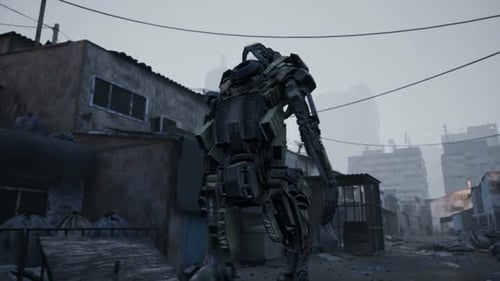 Ein Hightech-Roboter geht durch die Slums