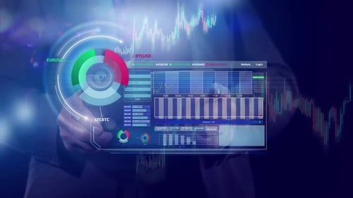 Holographic Financial Data Interface Display with Charts and Graphs