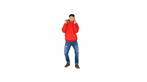 Homme de style Hip-Hop en sweat à capuche rouge dansant sur fond blanc