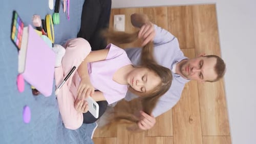 Responsible Good Father Dad Braiding Little Daughters Hair Preparations for School