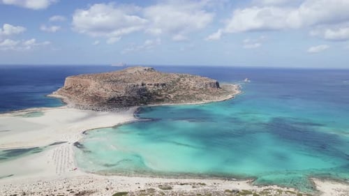 Aerial drone shot of beautiful white sand Balos beach with turquoise water. Crete, Greece.