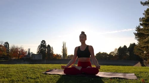 Mindfulness Meditation Practice In Park Young Woman Relaxing Her Thoughts Sitting Lotus Yoga Pose