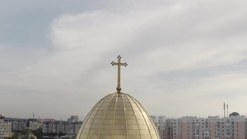 Dome of Church Aerial View Traditional Old Church in City Lviv Ukraine Cloudy Sky Background